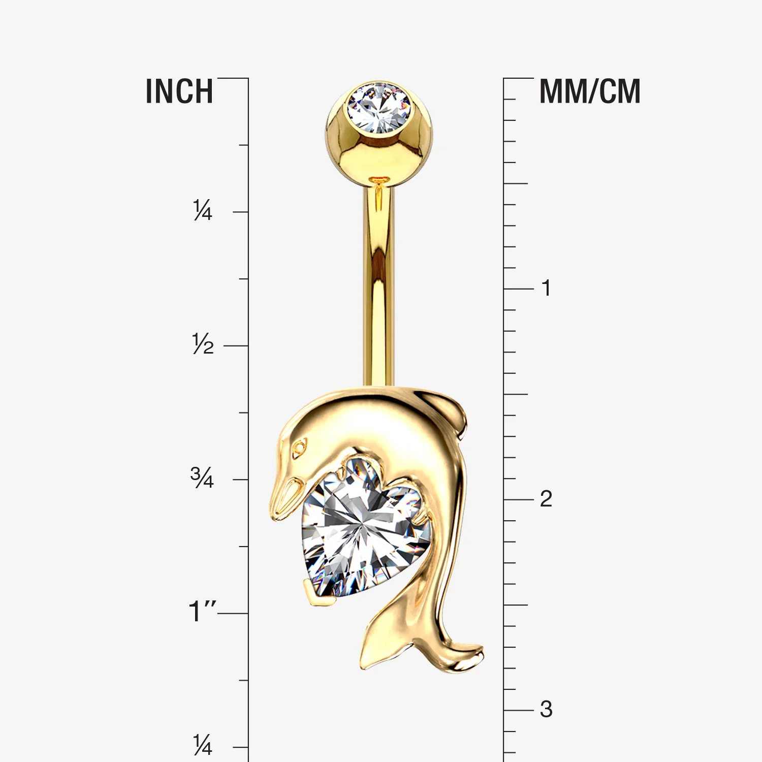 14 Karat Gold Adorable Dolphin Hugging Heart Sparkle Belly Button Ring - Image 2