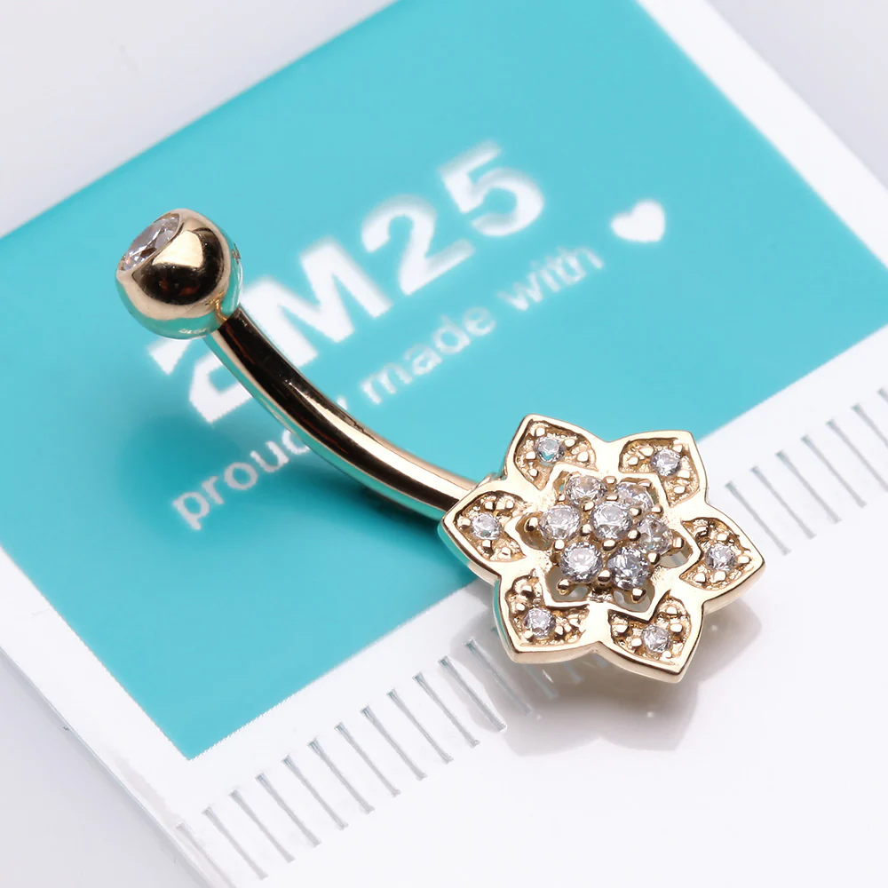 14 Karat Gold Bali Zen Flower Sparkle Belly Button Ring - Image 4