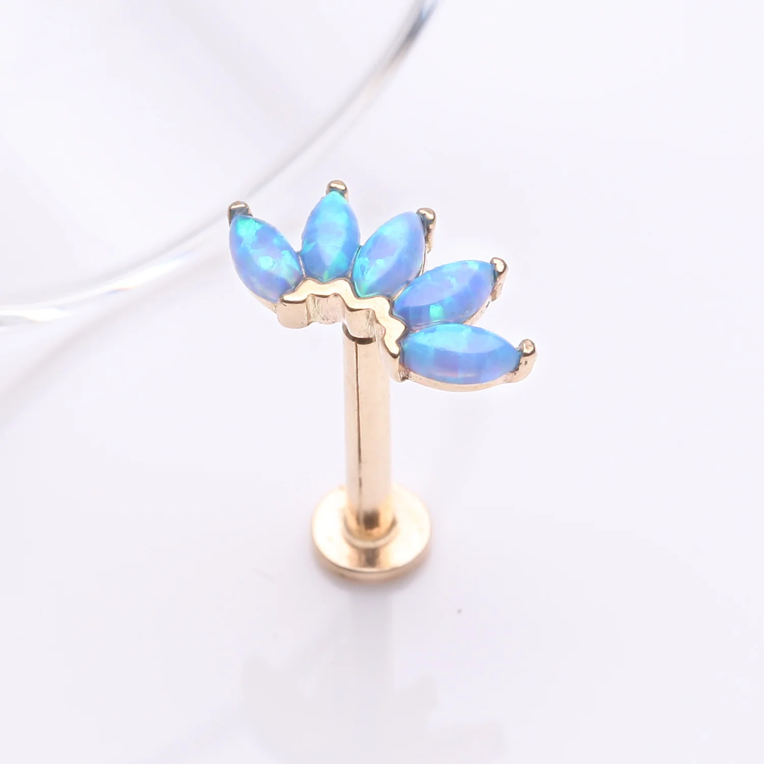14 Karat Gold OneFit Threadless Brilliant Marquise Fire Opal Flower Flat Back Stud Labret - Image 2