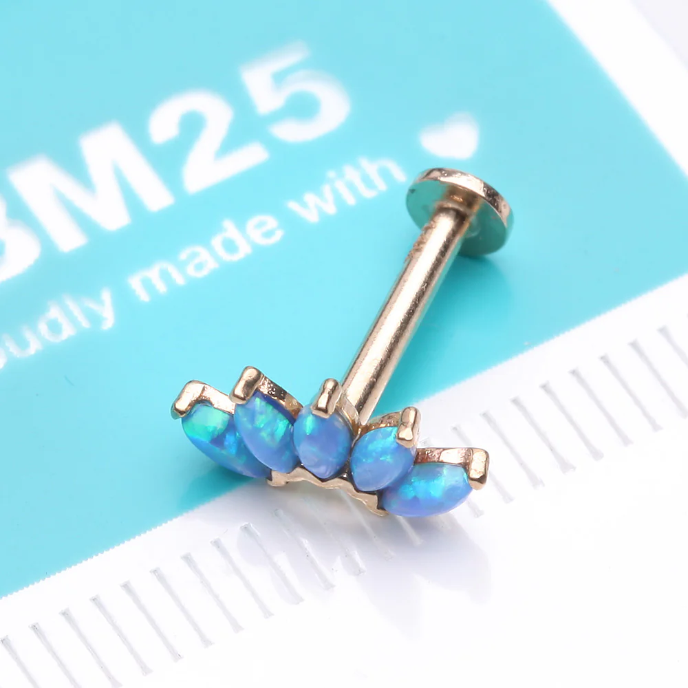 14 Karat Gold OneFit Threadless Brilliant Marquise Fire Opal Flower Flat Back Stud Labret - Image 3
