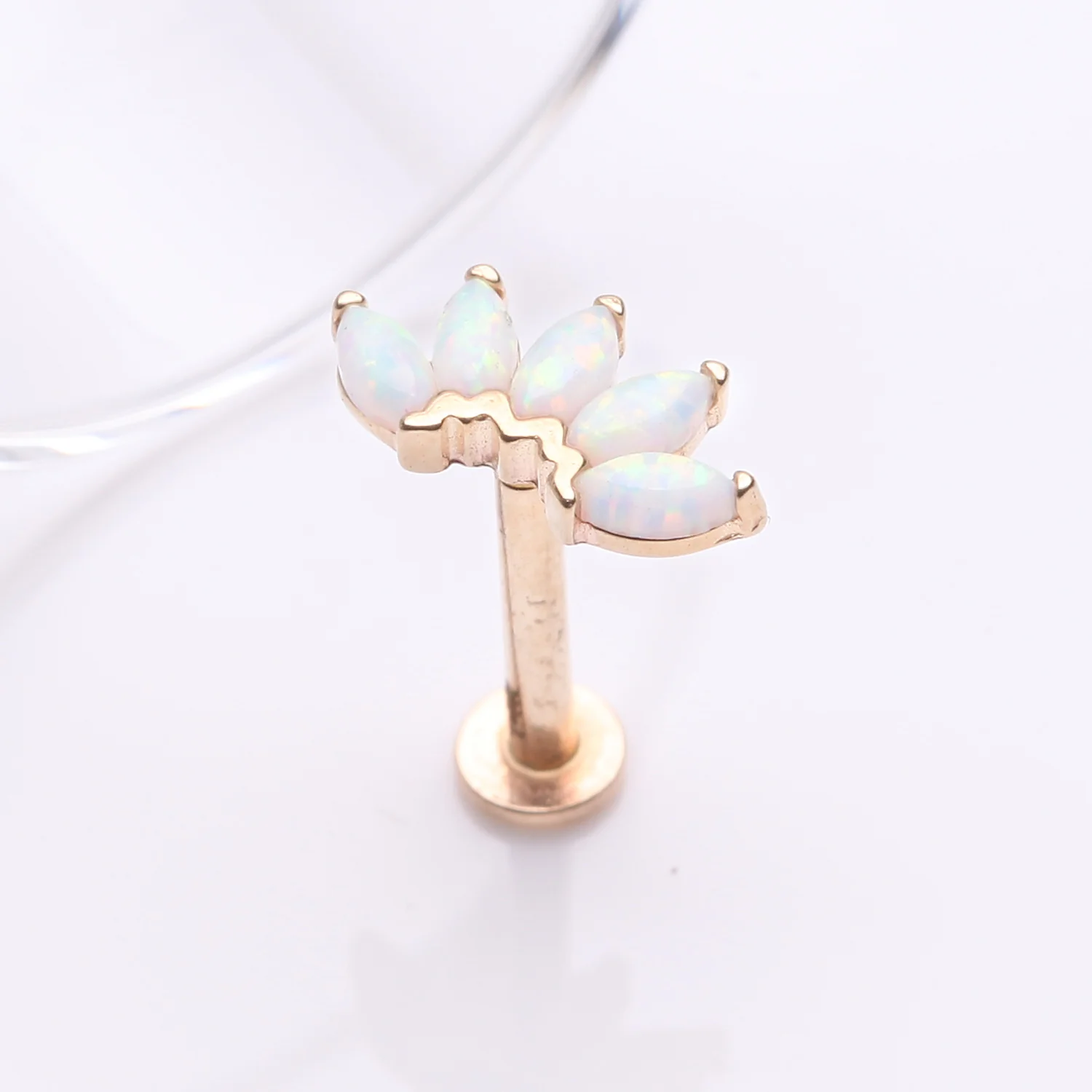 14 Karat Gold OneFit Threadless Brilliant Marquise Fire Opal Flower Flat Back Stud Labret - Image 2