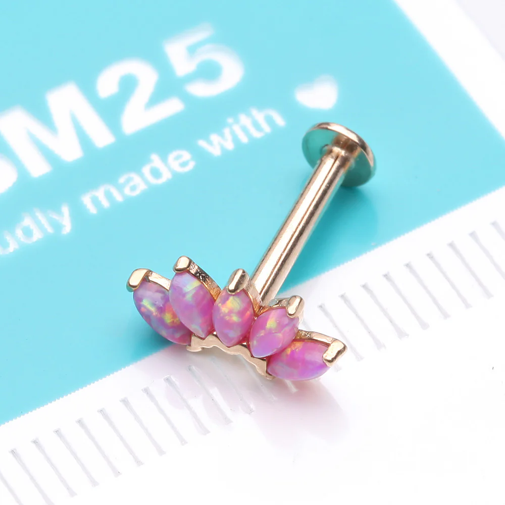 14 Karat Gold OneFit Threadless Brilliant Marquise Fire Opal Flower Flat Back Stud Labret - Image 3