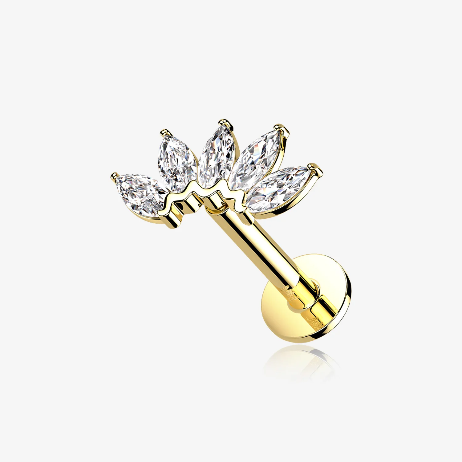 14 Karat Gold OneFit Threadless Brilliant Marquise Sparkle Flower Flat Back Stud Labret