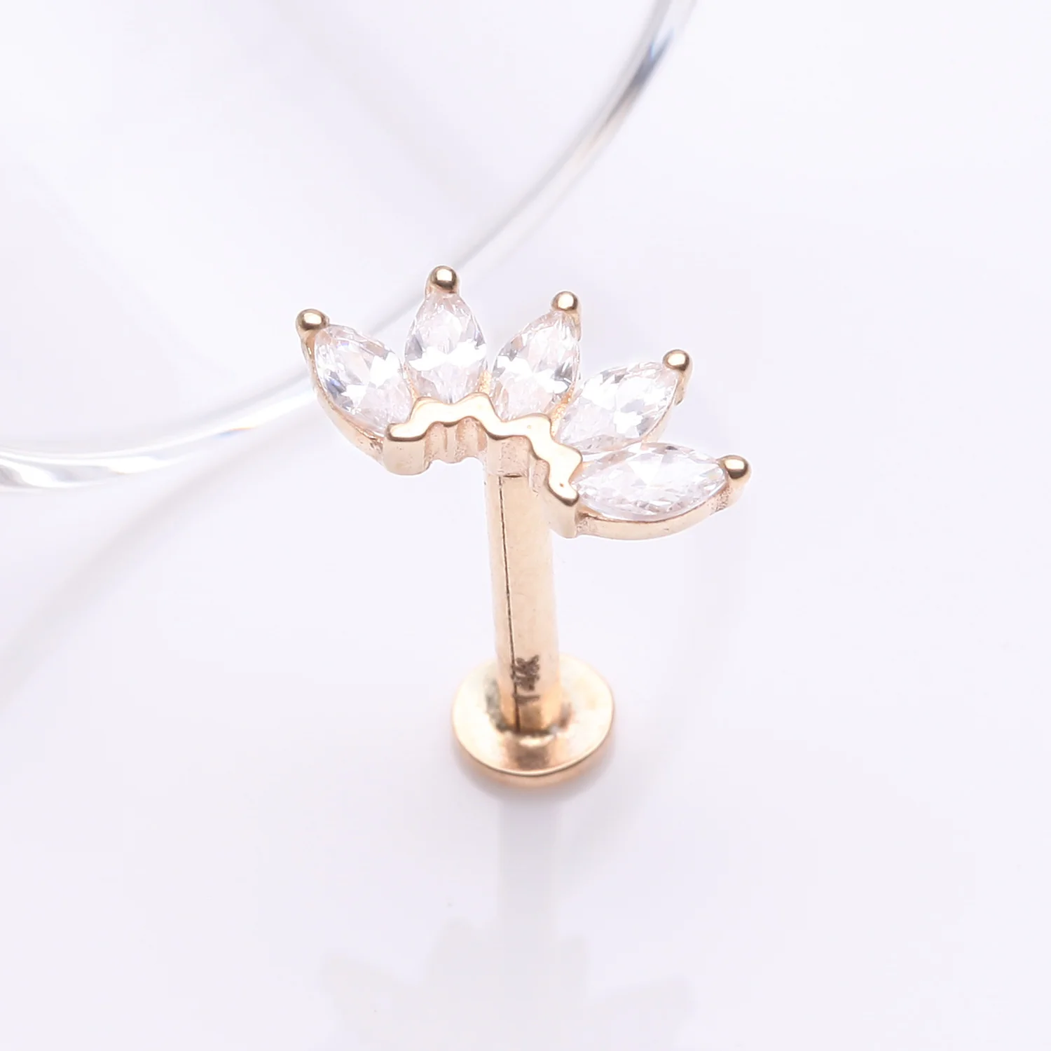 14 Karat Gold OneFit Threadless Brilliant Marquise Sparkle Flower Flat Back Stud Labret - Image 2