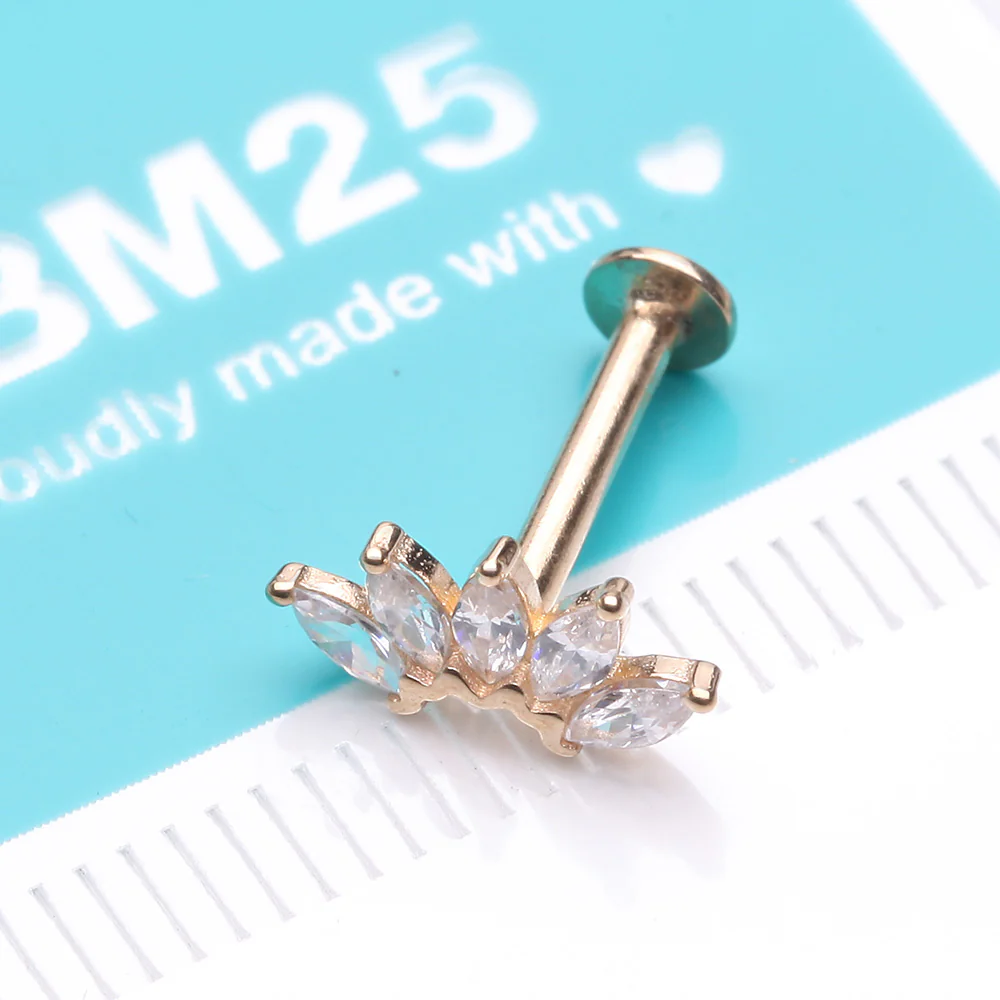 14 Karat Gold OneFit Threadless Brilliant Marquise Sparkle Flower Flat Back Stud Labret - Image 3