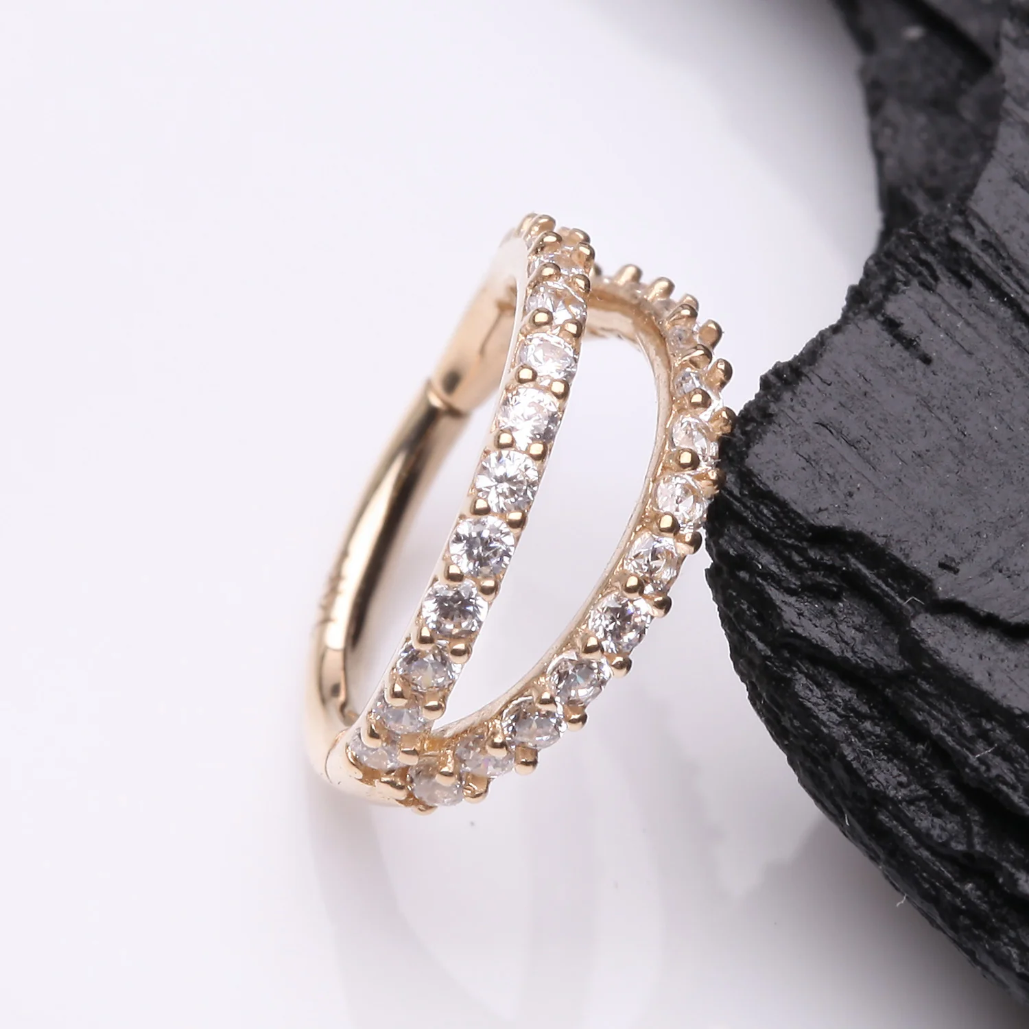 14 Karat Gold Brilliant Sparkle Double Hoop Seamless Clicker Hoop Ring - Image 2