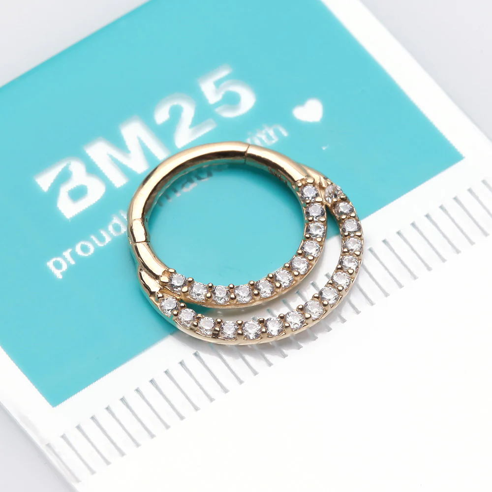 14 Karat Gold Brilliant Sparkle Double Loop Lined Gems Seamless Clicker Hoop Ring - Image 3