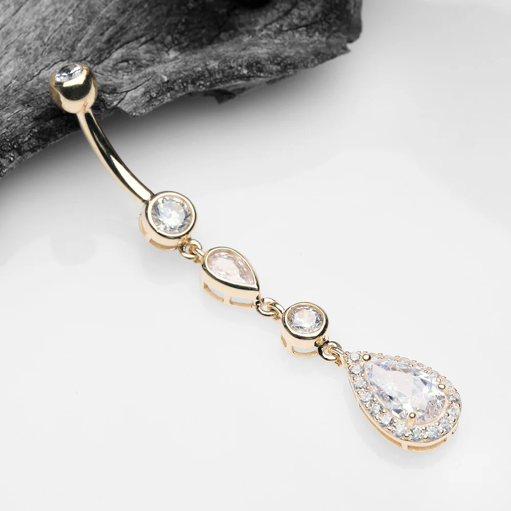 14 Karat Gold Brilliant Teardrop Cascading Sparkle Belly Button Ring - Image 3