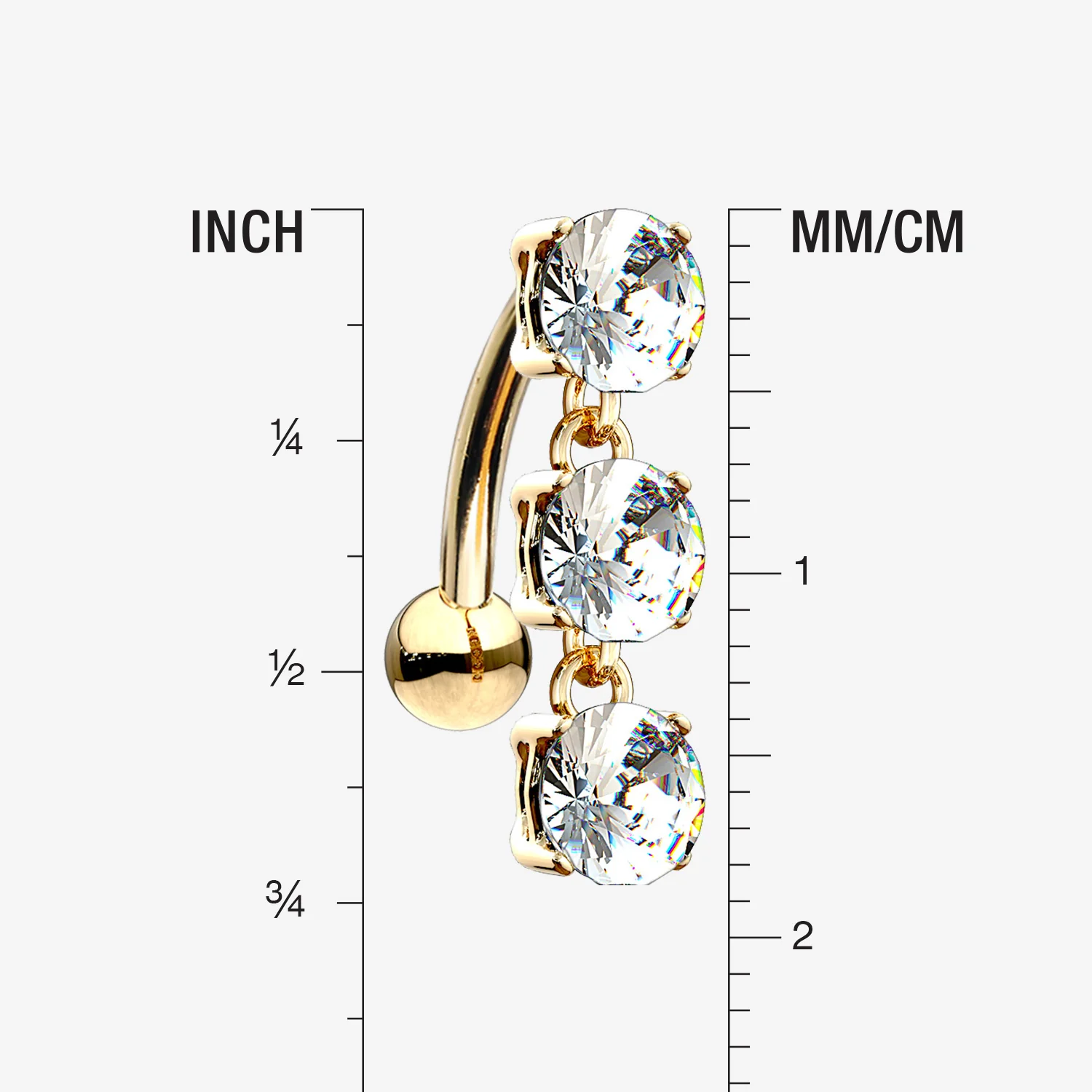 14 Karat Gold Brilliant Triple Dangle Sparkle Top-Down Reverse Belly Button Ring - Image 2