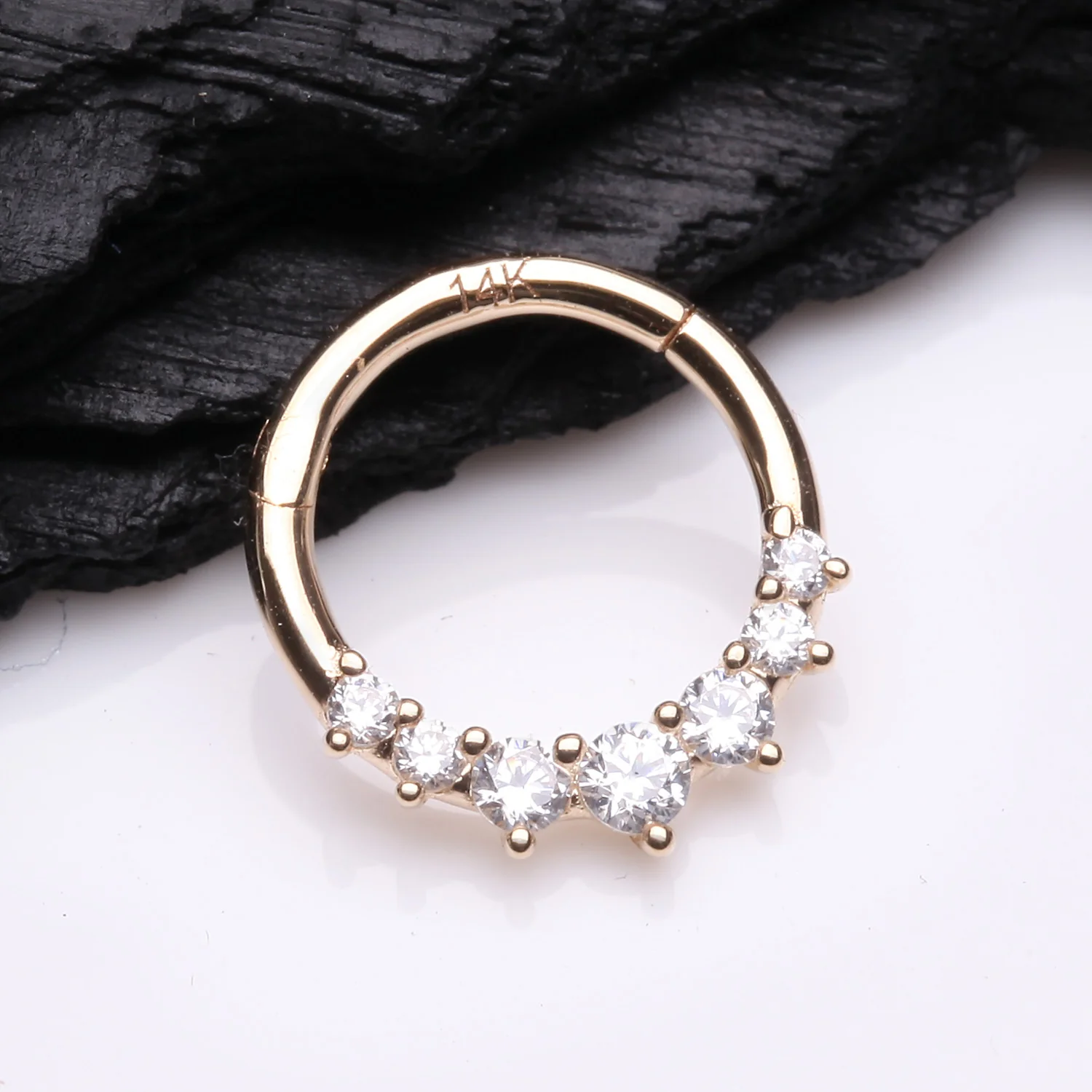 14 Karat Gold Cascading Multi-Gem Prong Set Lined Seamless Clicker Hoop Ring - Image 2