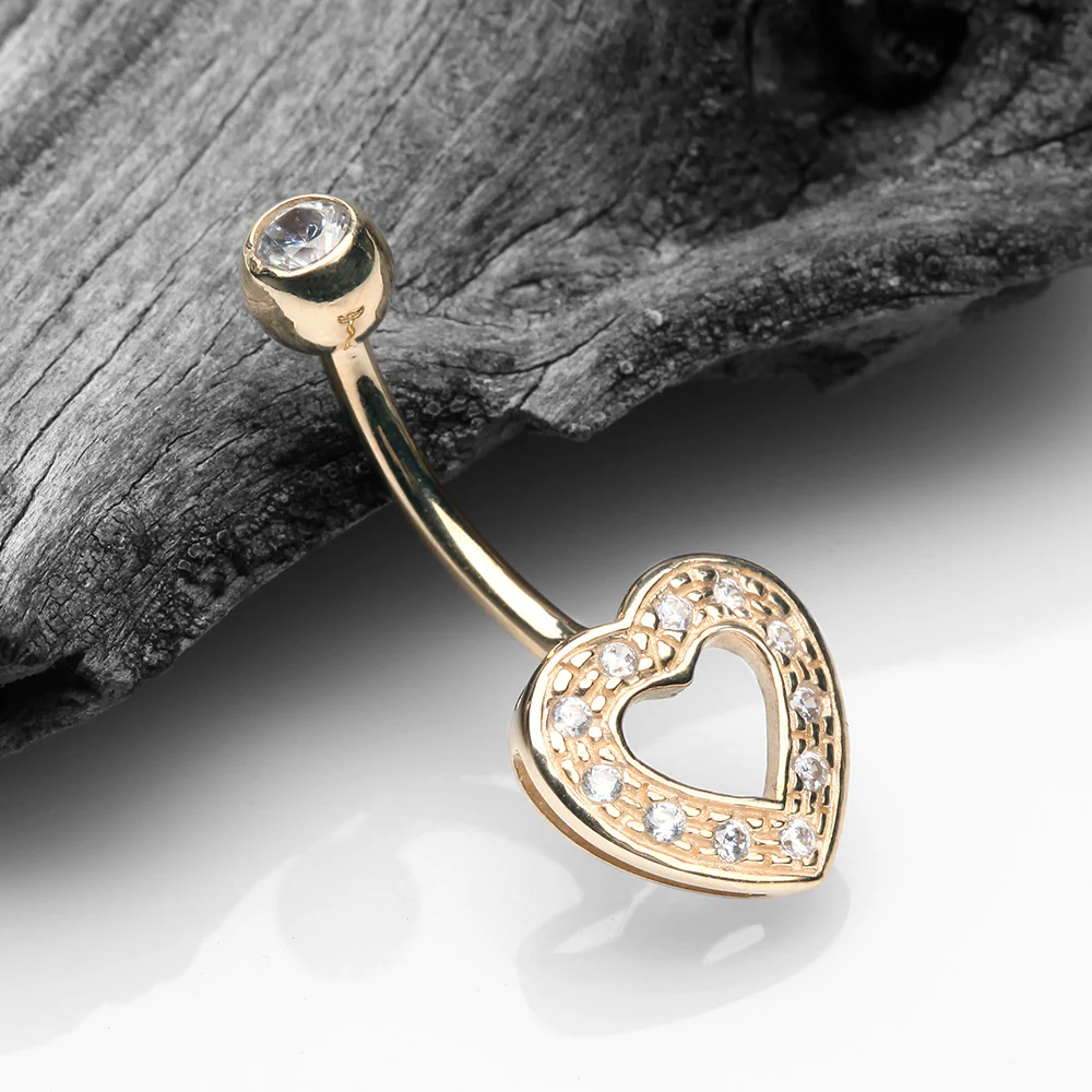14 Karat Gold Charming Heart Sparkle Belly Button Ring - Image 3