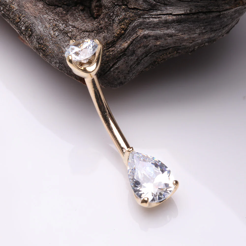 14 Karat Gold Dainty Brilliant Teardrop Sparkle Belly Button Ring - Image 3