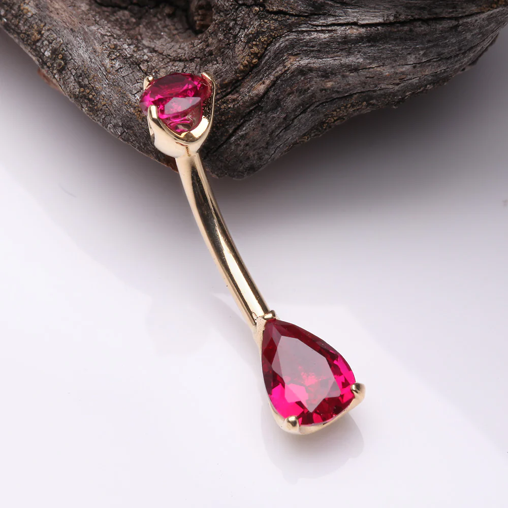 14 Karat Gold Dainty Brilliant Teardrop Sparkle Belly Button Ring - Image 3