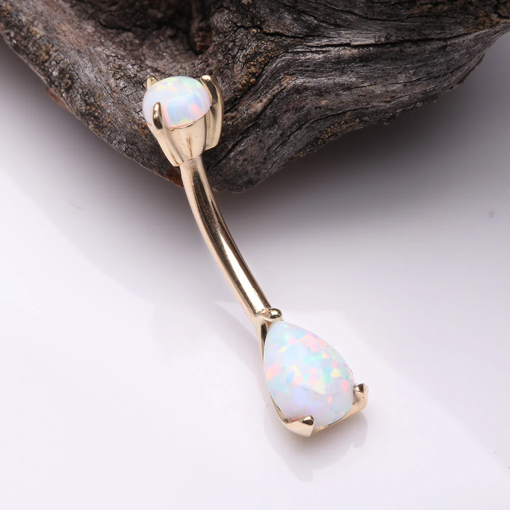 14 Karat Gold Dainty Fire Opal Teardrop Sparkle Belly Button Ring - Image 3