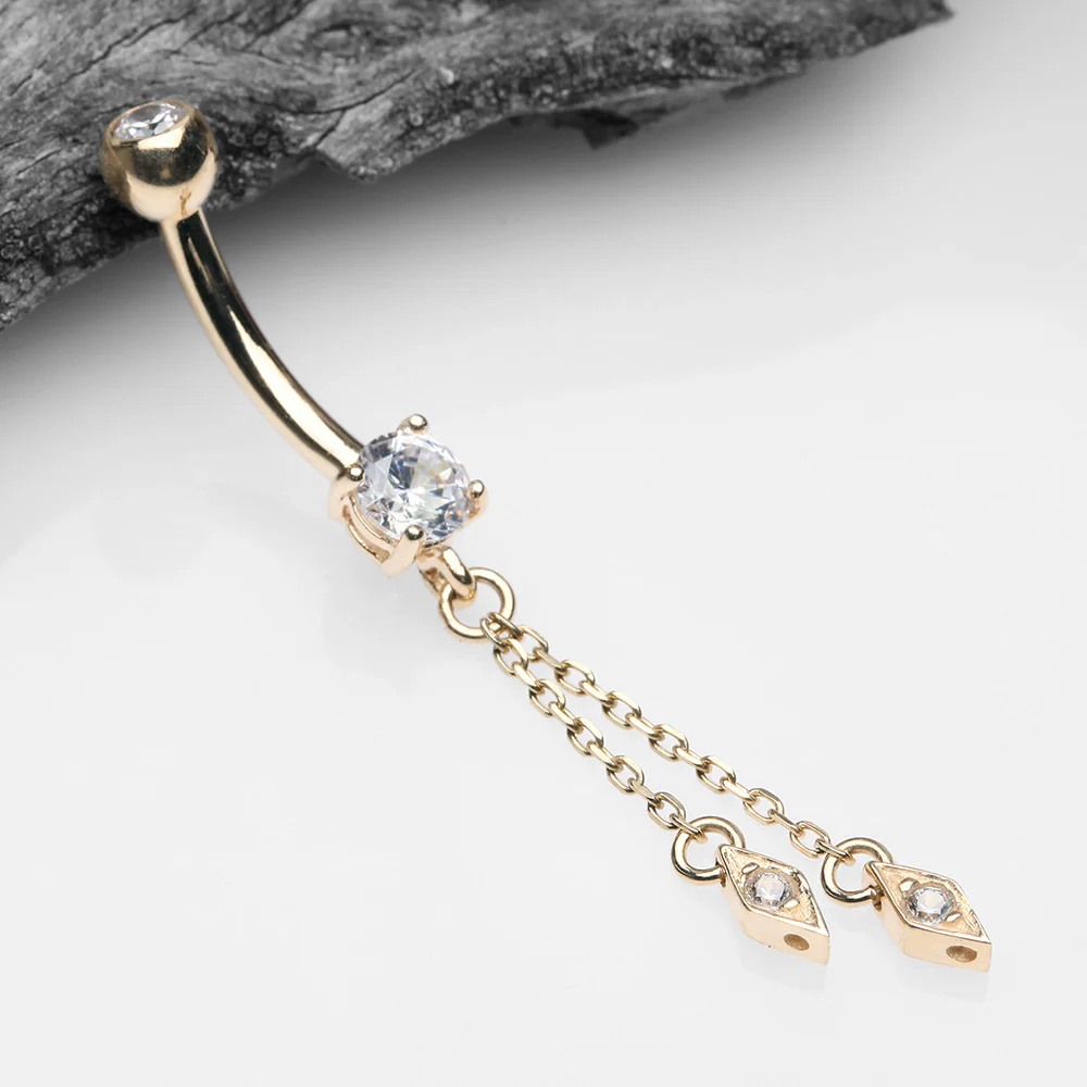 14 Karat Gold Double Chained Sparkle Dangle Belly Button Ring - Image 3