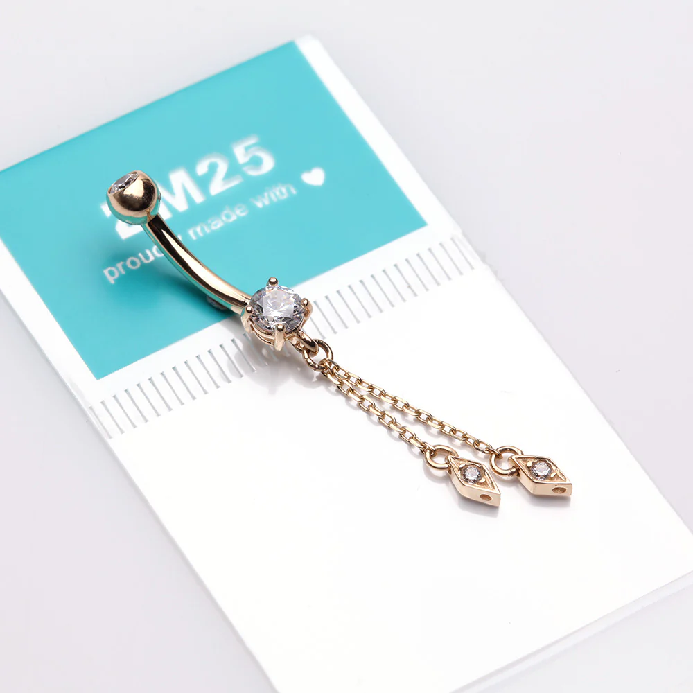 14 Karat Gold Double Chained Sparkle Dangle Belly Button Ring - Image 4
