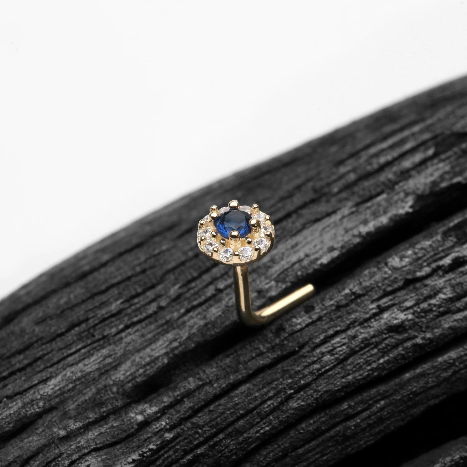 14 Karat Gold Double Tiered Brilliant Sparkle Multi Gem L-Shaped Nose Ring - Image 2