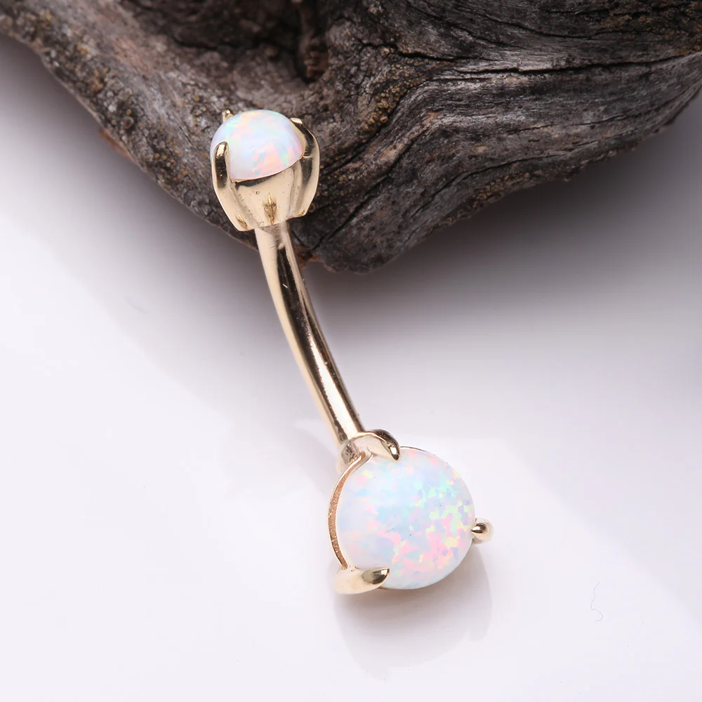 14 Karat Gold Fire Opal Sparkle Double Prong Belly Button Ring - Image 3