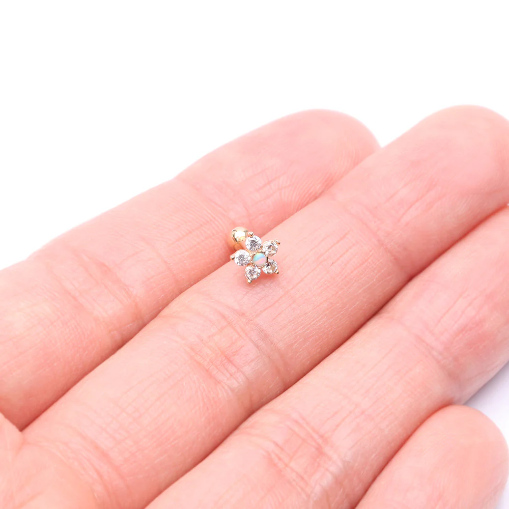 14 Karat Gold Fire Opal Sparkle Gems Flower Cartilage Tragus Barbell - Image 4