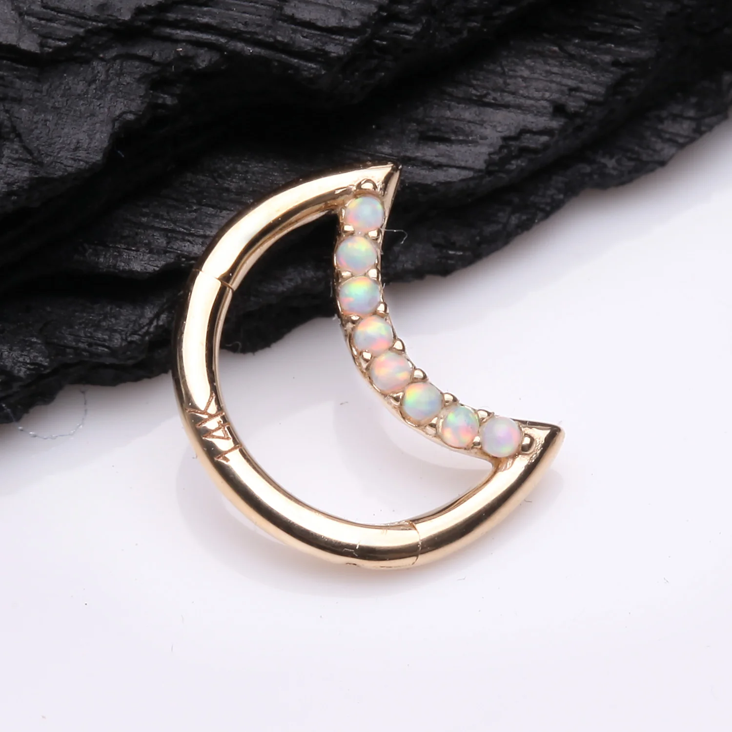 14 Karat Gold Fire Opal Sparkle Lined Crescent Moon Seamless Clicker Hoop Ring - Image 2