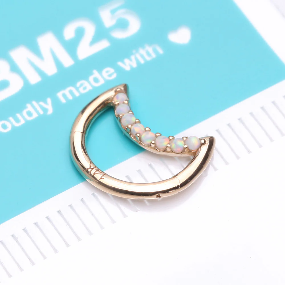 14 Karat Gold Fire Opal Sparkle Lined Crescent Moon Seamless Clicker Hoop Ring - Image 3