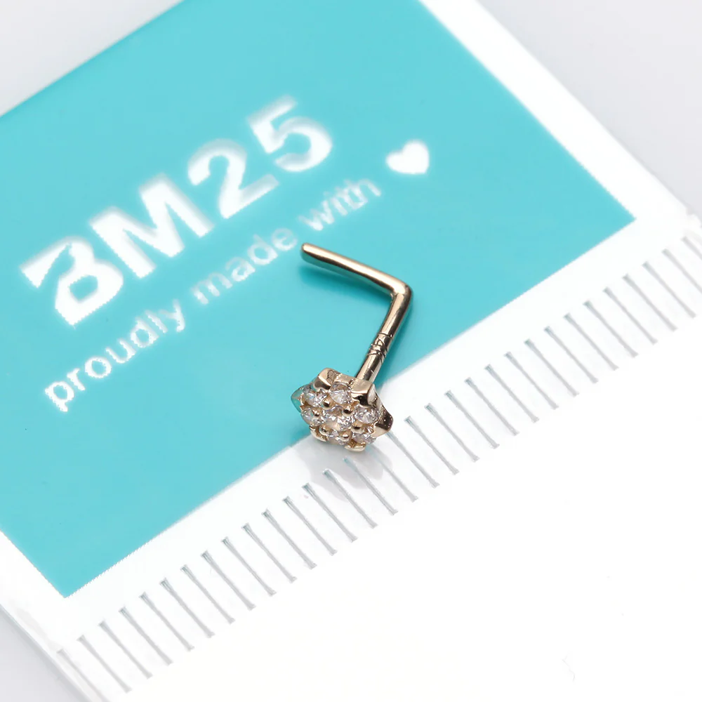 14 Karat Gold Glistening Multi-Gem Flower Sparkle L-Shaped Nose Ring - Image 5