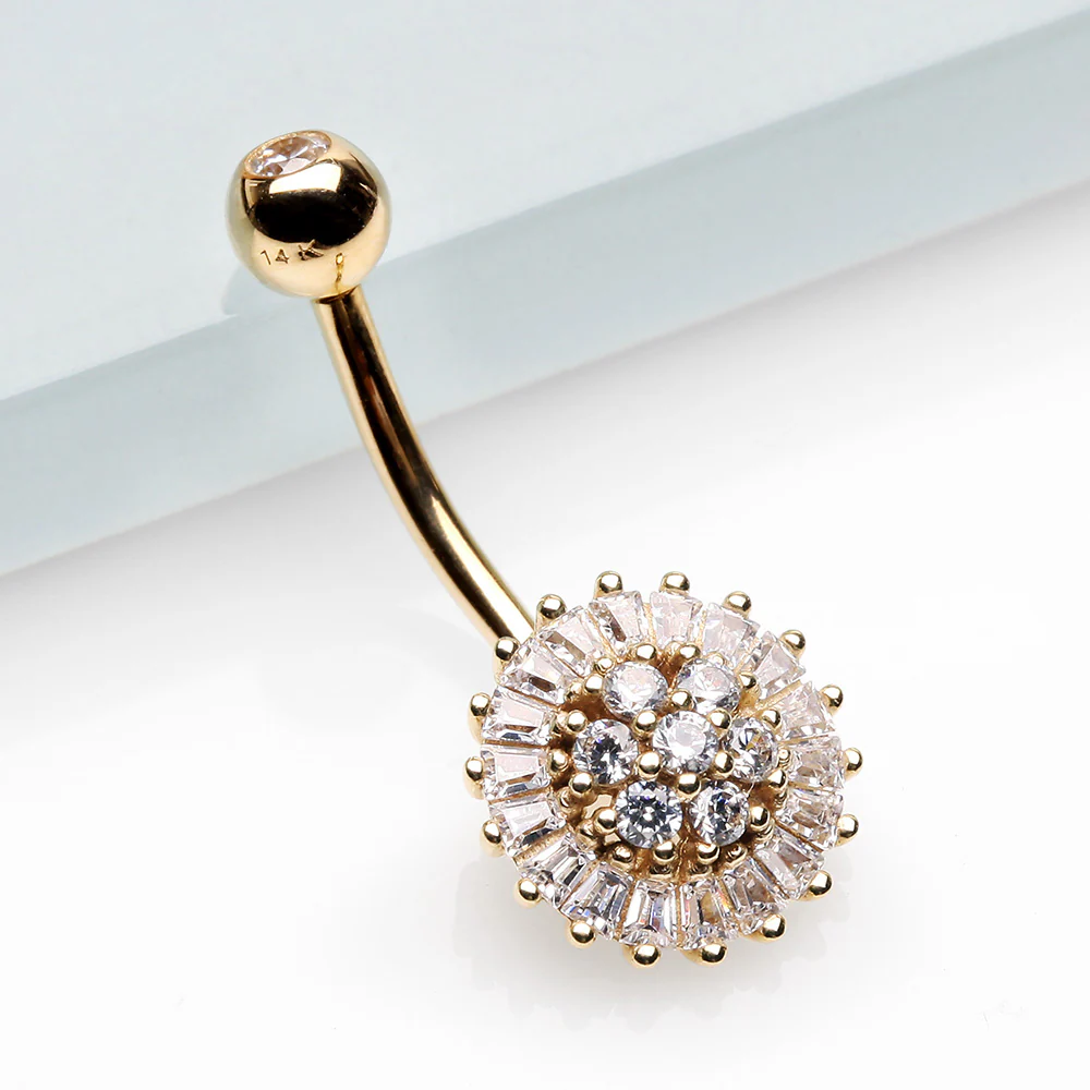 14 Karat Gold Grand Sparkle Prong Set Flower Belly Button Ring - Image 3