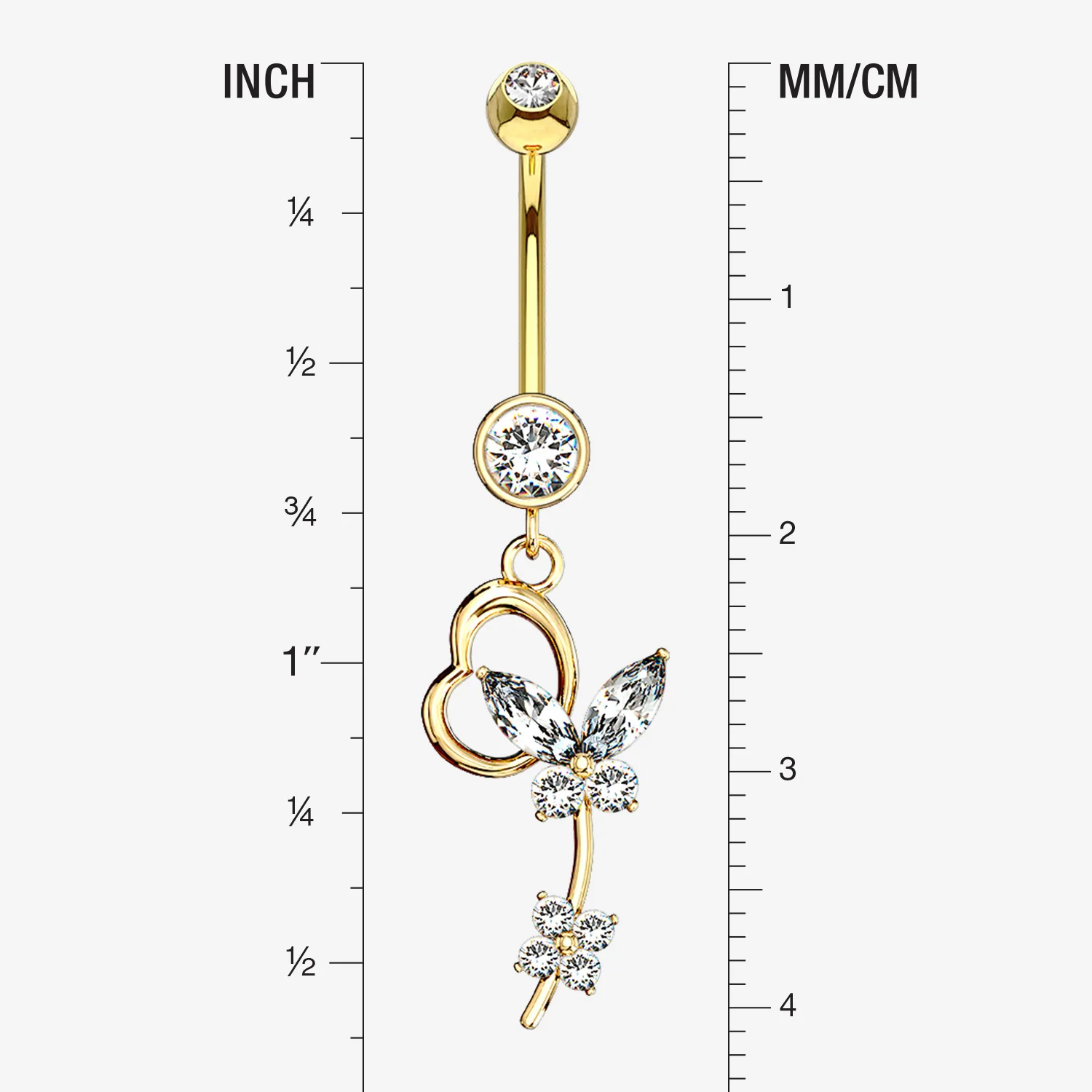 14 Karat Gold Heart Loop Butterfly Marquise Sparkle Belly Button Ring - Image 2
