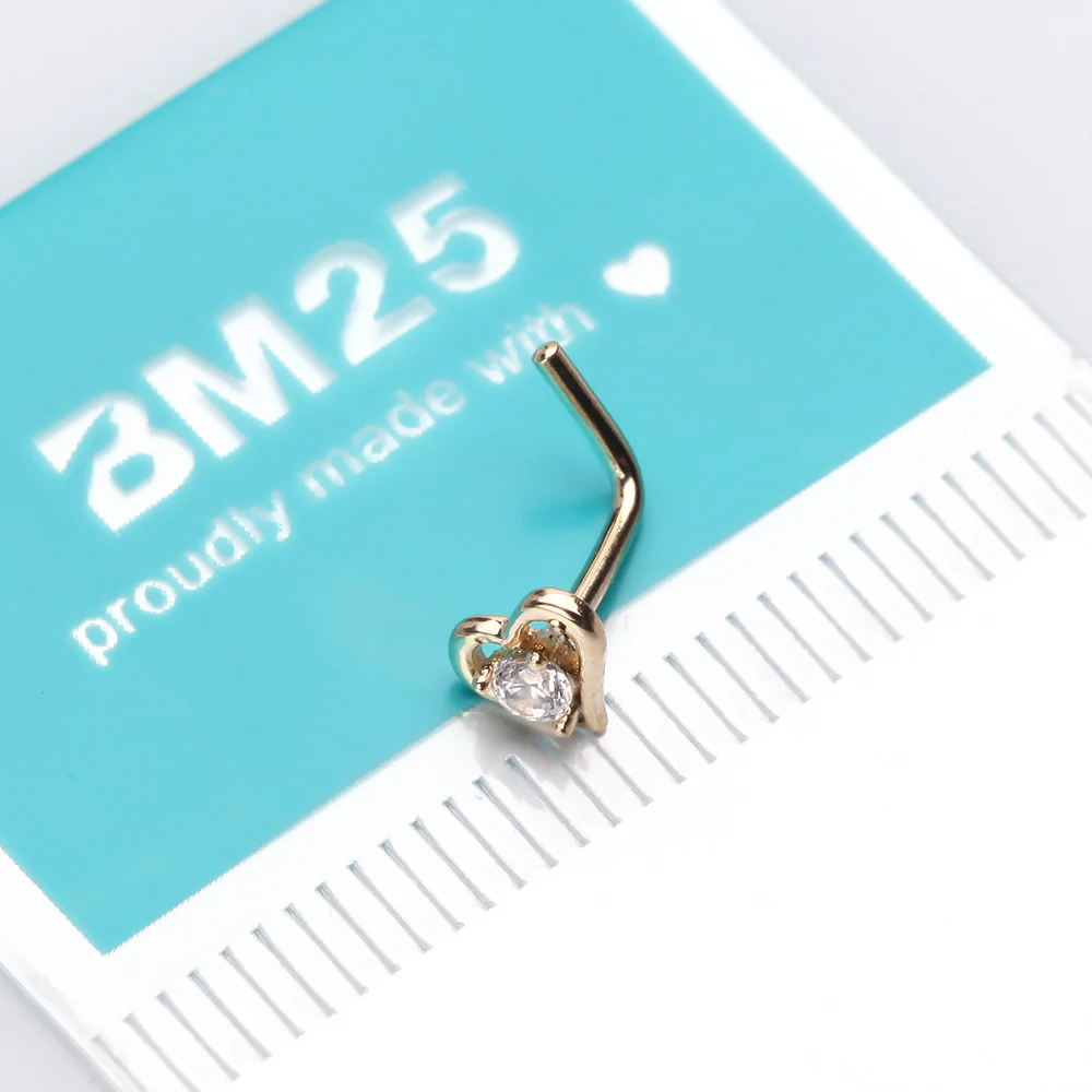 14 Karat Gold Hollow Heart Sparkle L-Shaped Nose Ring - Image 3