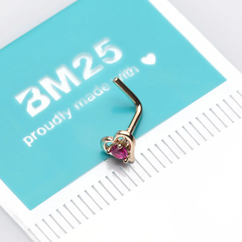 14 Karat Gold Hollow Heart Sparkle L-Shaped Nose Ring - Image 3