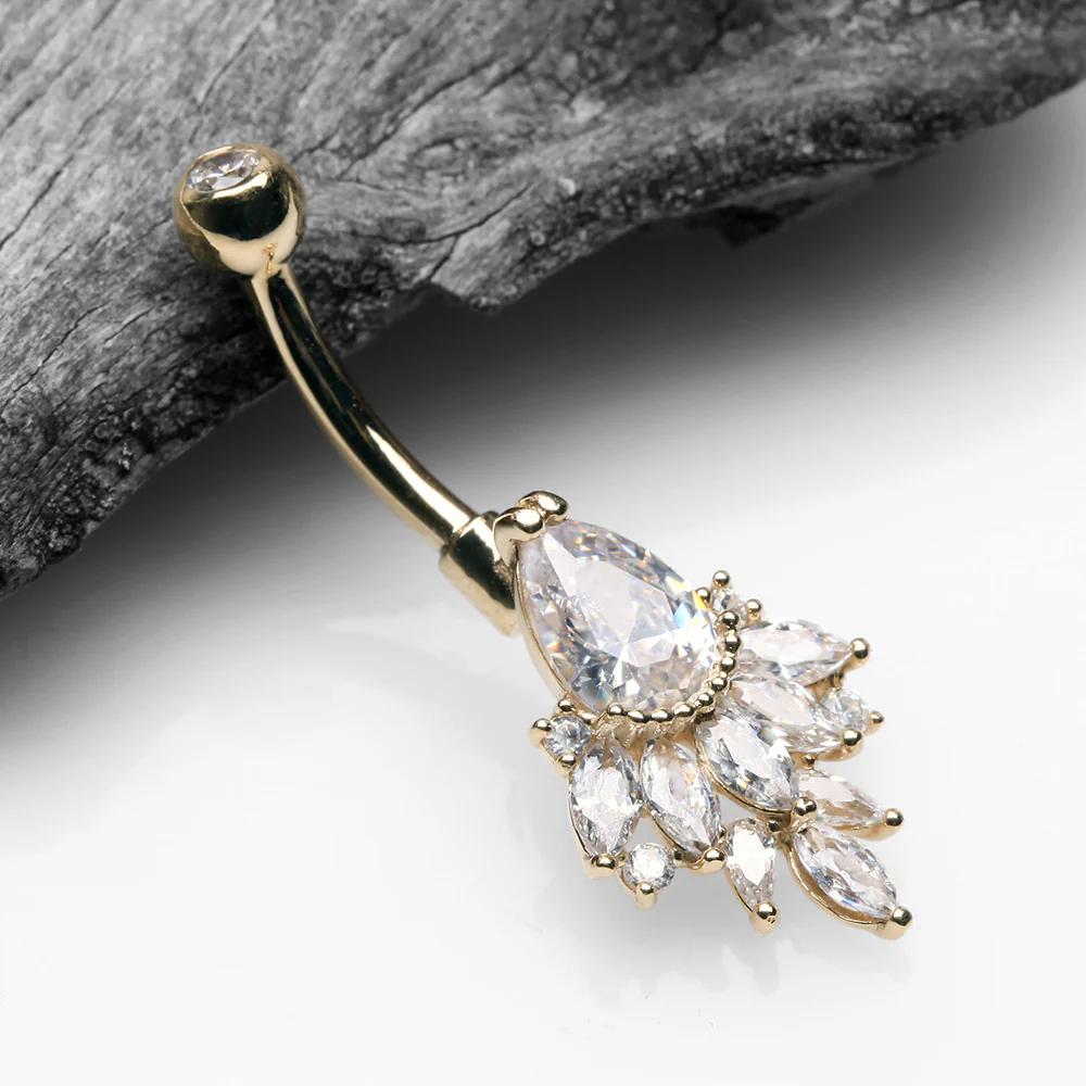 14 Karat Gold Luscious Floral Sparkle Teardrop Belly Button Ring - Image 3