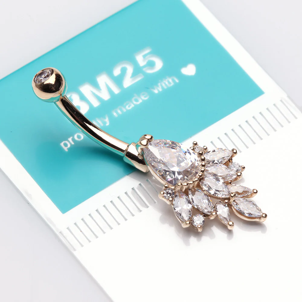 14 Karat Gold Luscious Floral Sparkle Teardrop Belly Button Ring - Image 4