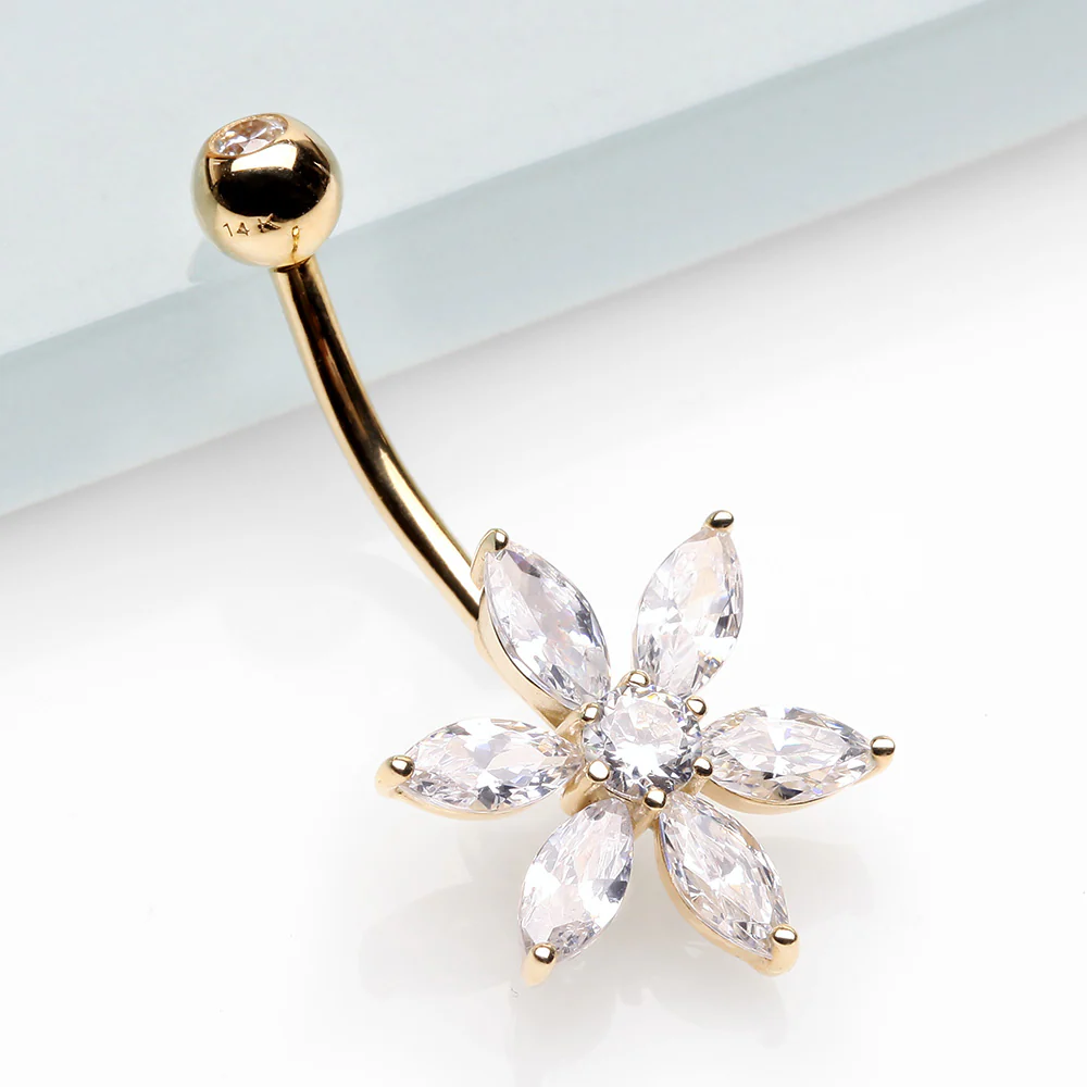 14 Karat Gold Marquise Cut Sparkle Prong Set Flower Belly Button Ring - Image 3