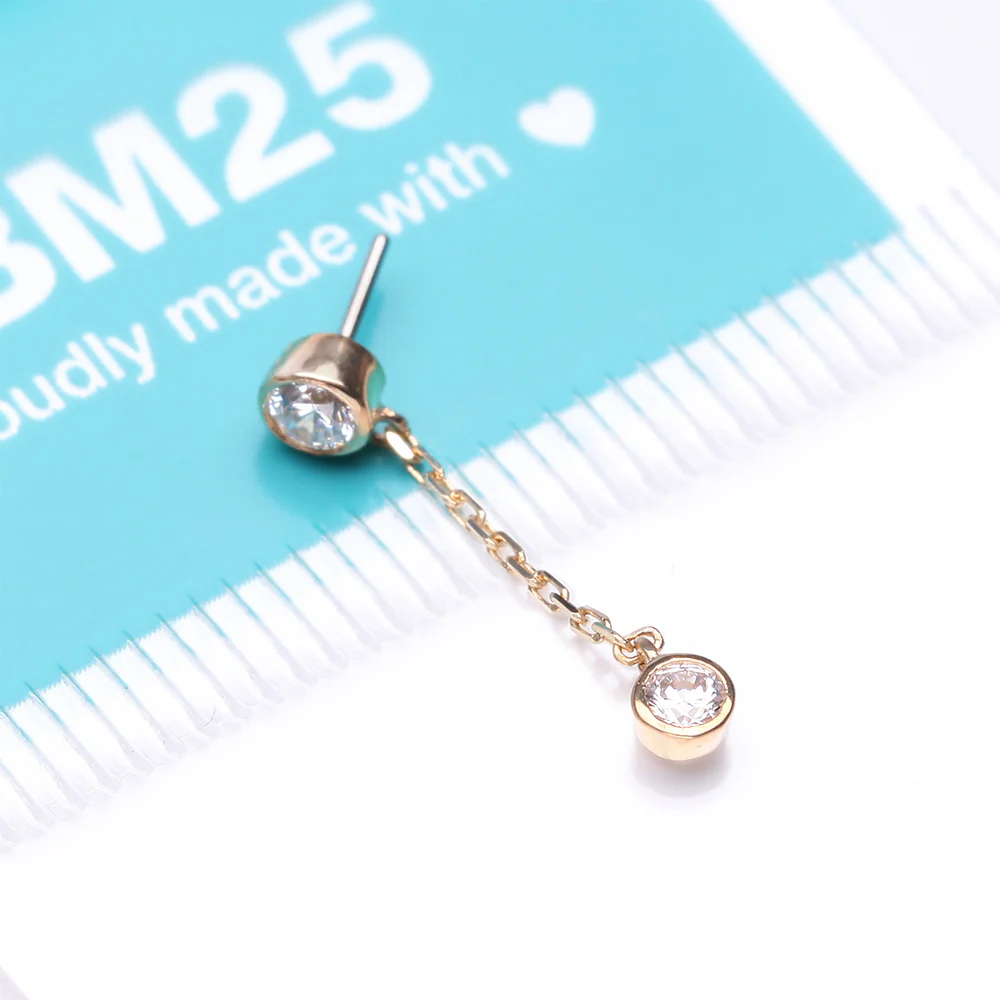 14 Karat Gold OneFit Threadless Double Round Gem Chained Dangle Top Part - Image 4
