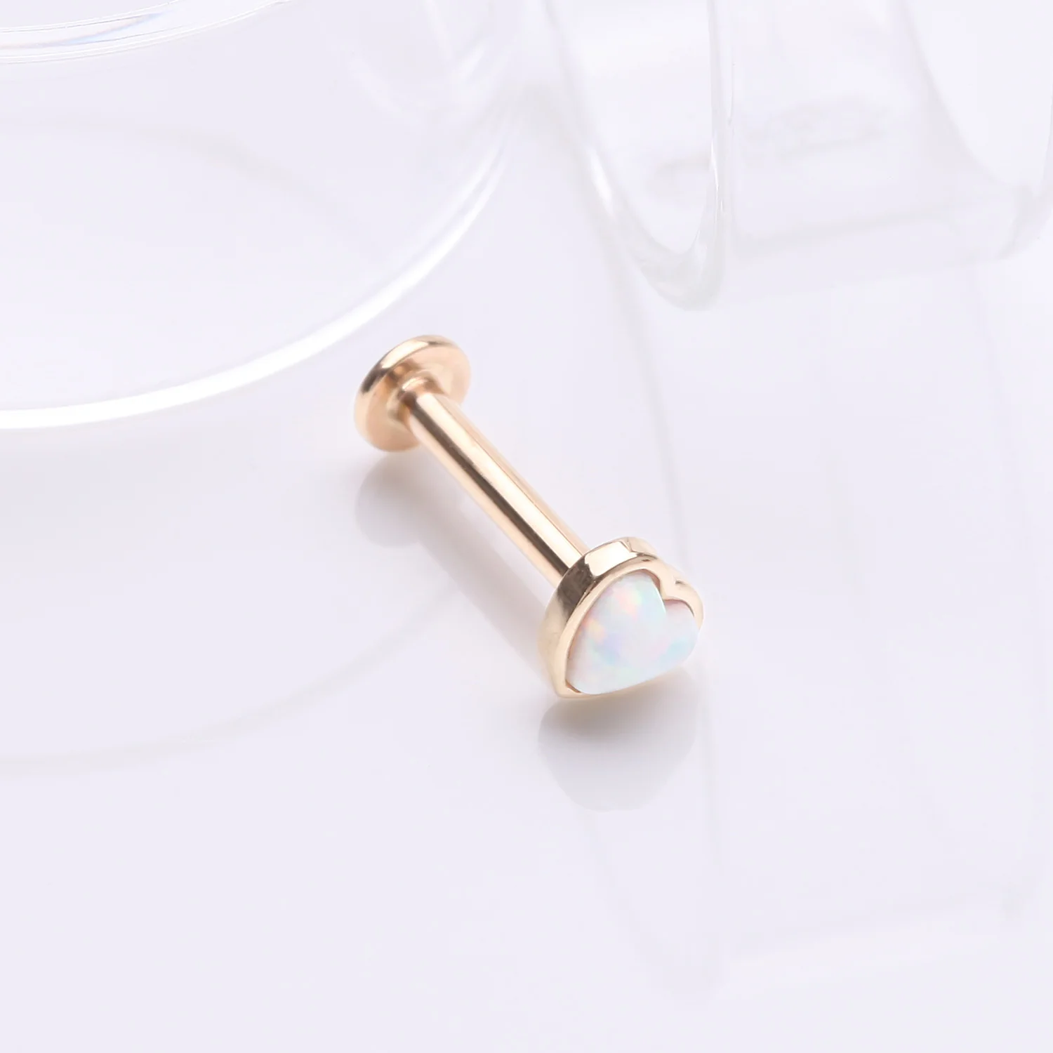 14 Karat Gold OneFit Threadless Heart Fire Opal Sparkle Flat Back Stud Labret - Image 2