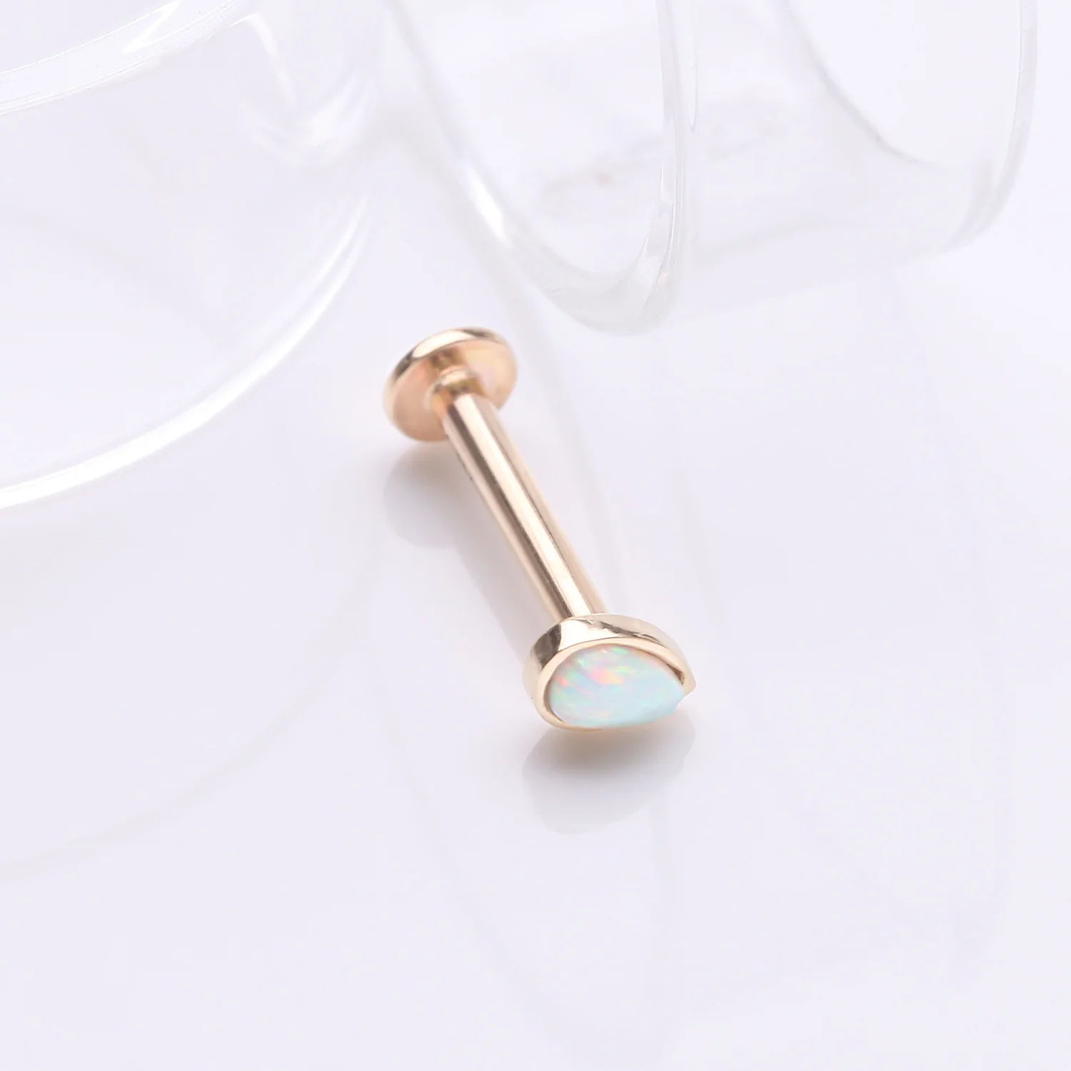 14 Karat Gold OneFit Threadless Teardrop Fire Opal Sparkle Flat Back Stud Labret - Image 2