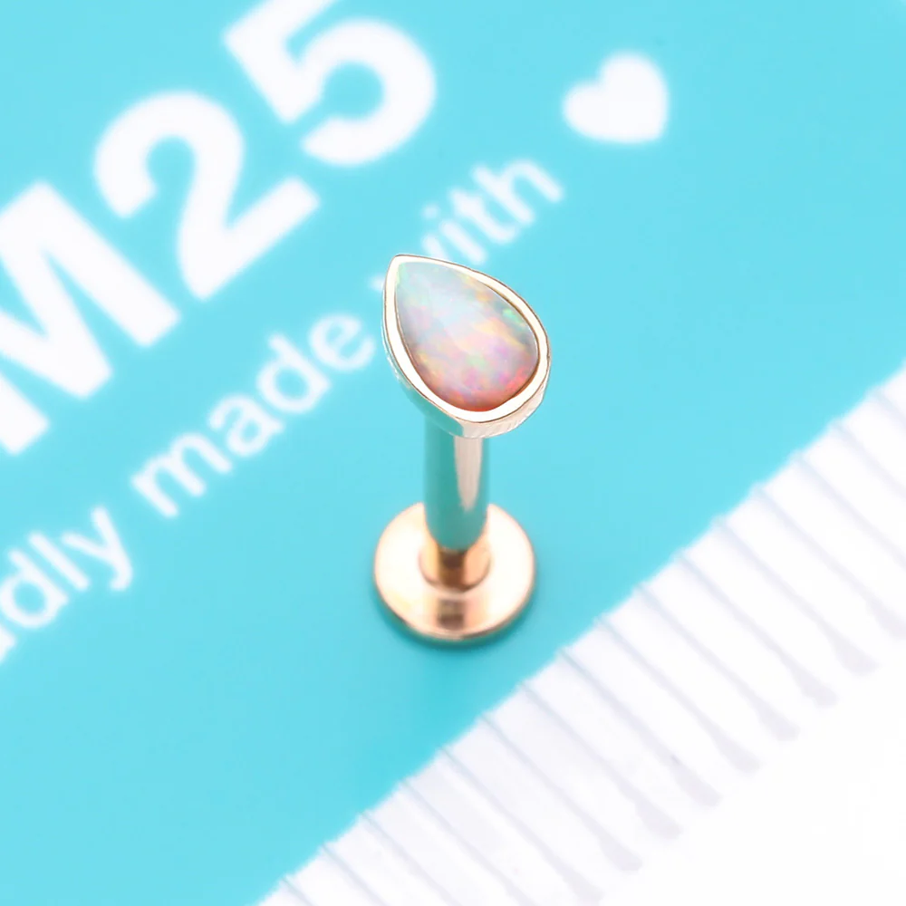 14 Karat Gold OneFit Threadless Teardrop Fire Opal Sparkle Flat Back Stud Labret - Image 4