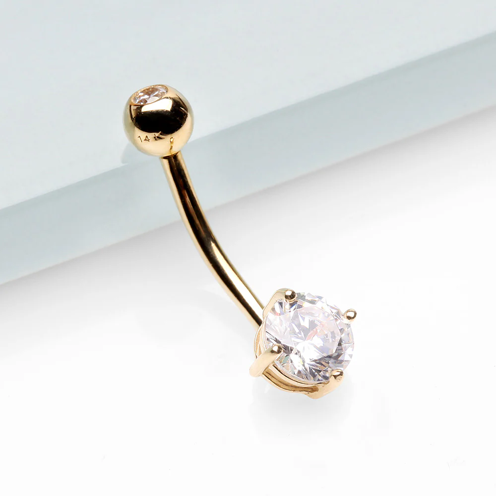 14 Karat Gold Prong Set Gem Belly Button Ring - Image 3