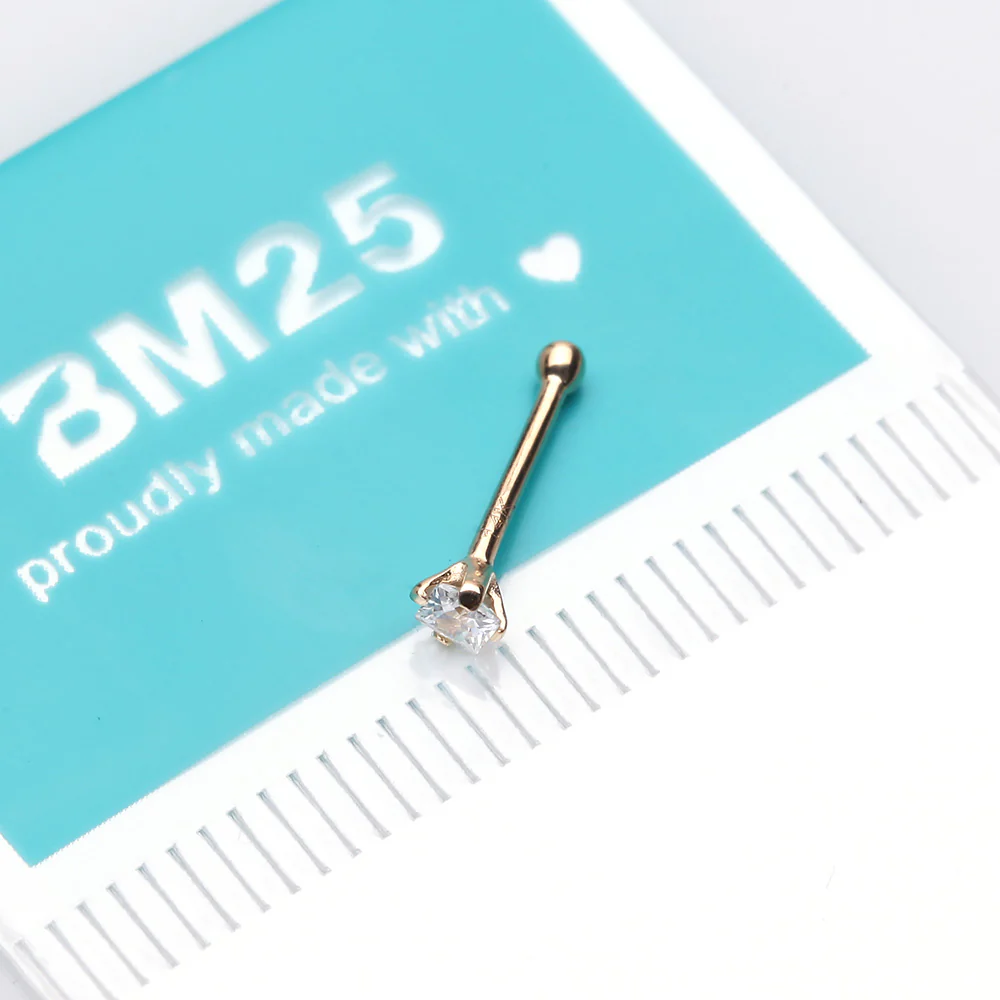 14 Karat Gold Prong Set Square Gem Nose Stud Ring - Image 3