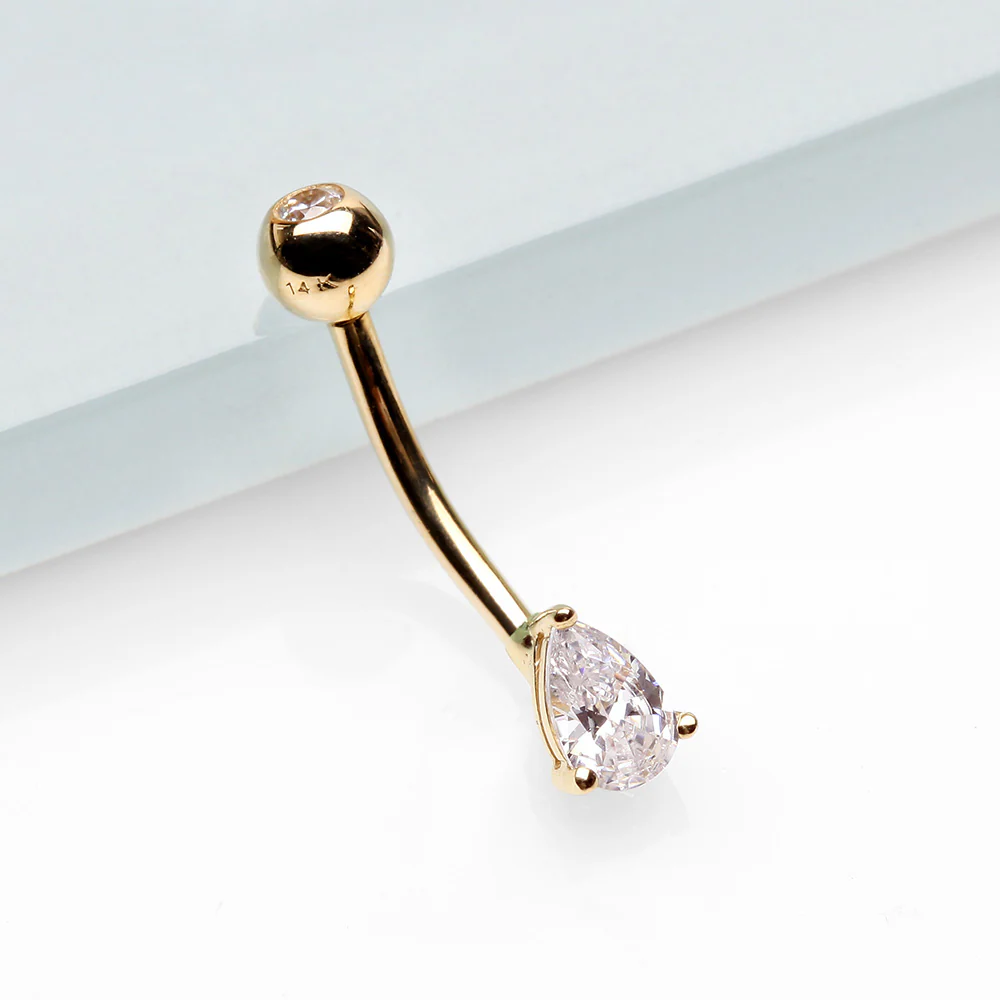 14 Karat Gold Prong Set Teardrop Gem Belly Button Ring - Image 3
