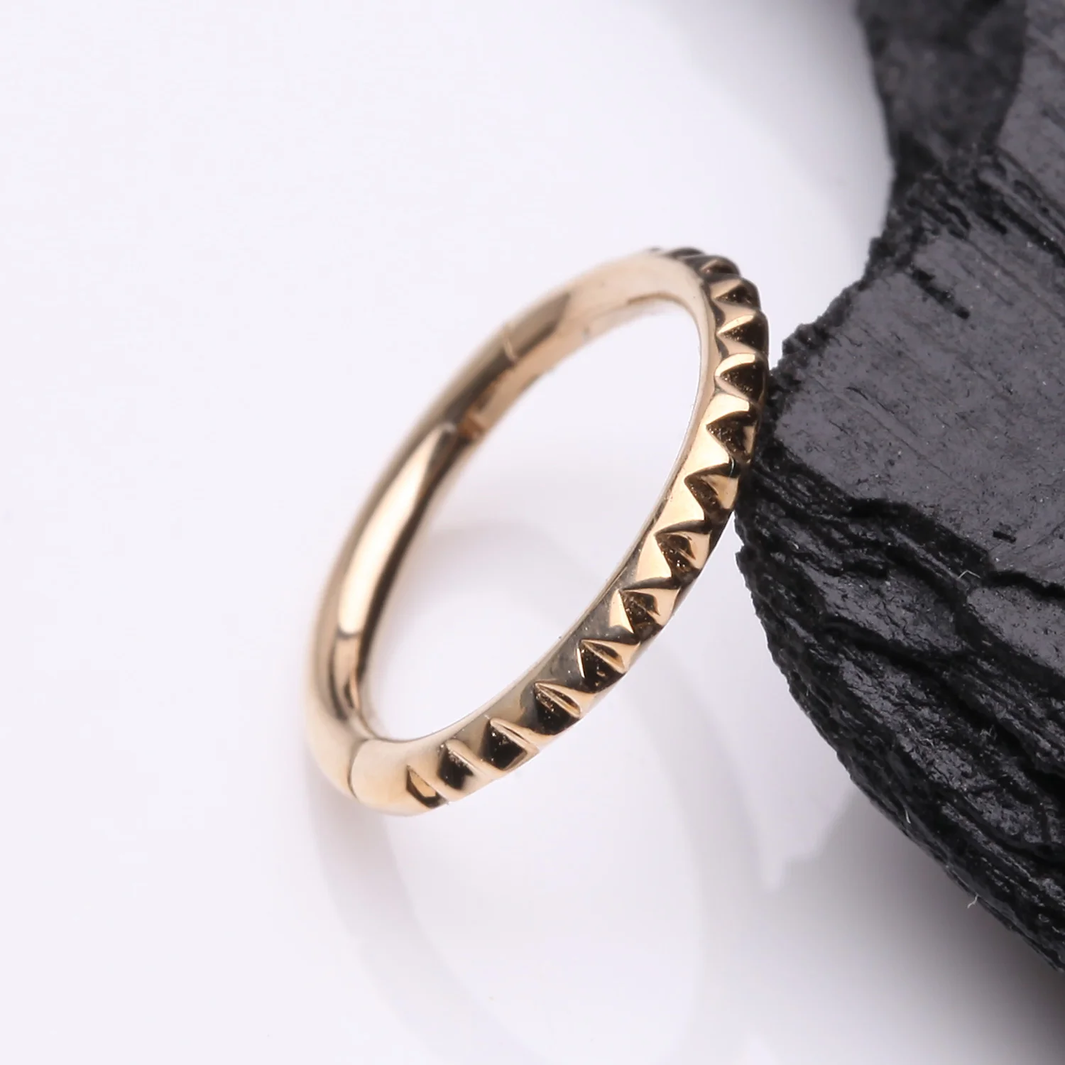14 Karat Gold Pyramid Studded Geometric Seamless Clicker Hoop Ring - Image 2