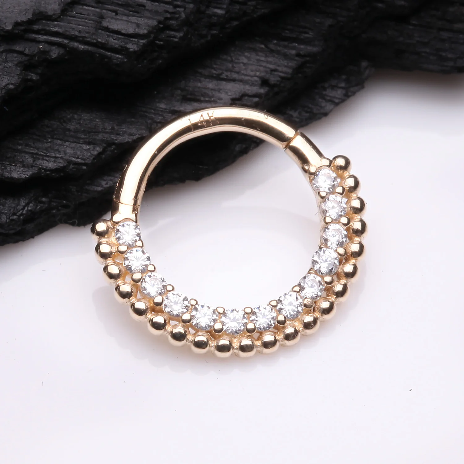 14 Karat Gold Royal Bali Beads Arc Sparkle Seamless Clicker Hoop Ring - Image 2