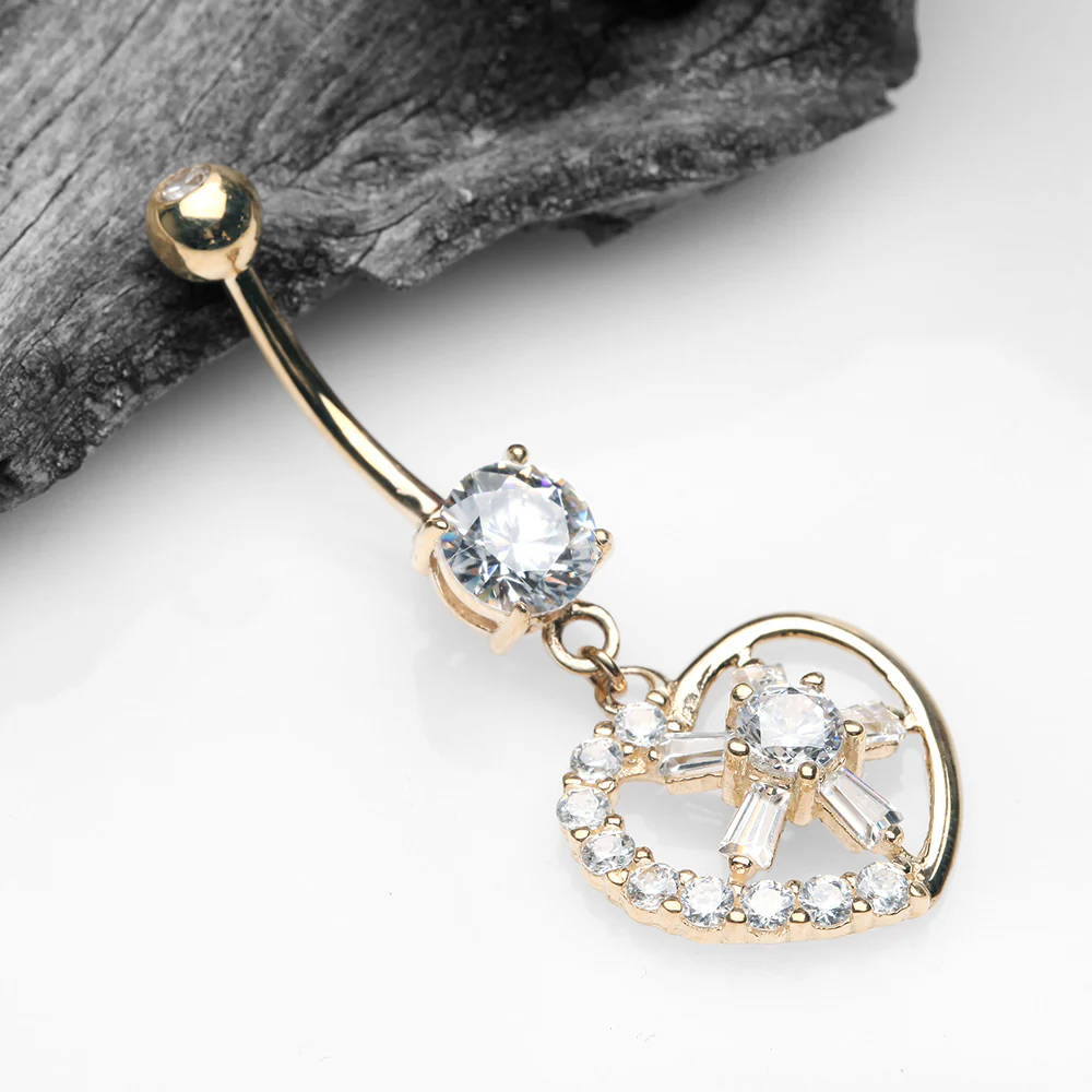 14 Karat Gold Sparkle Floral Ray Heart Belly Button Ring - Image 3
