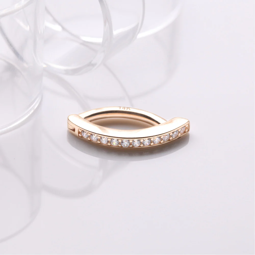 14 Karat Gold Sparkle Gem Lined Minimalist Curved Bar Belly Clicker - Image 3