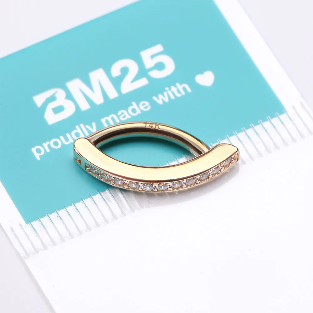 14 Karat Gold Sparkle Gem Lined Minimalist Curved Bar Belly Clicker - Image 5