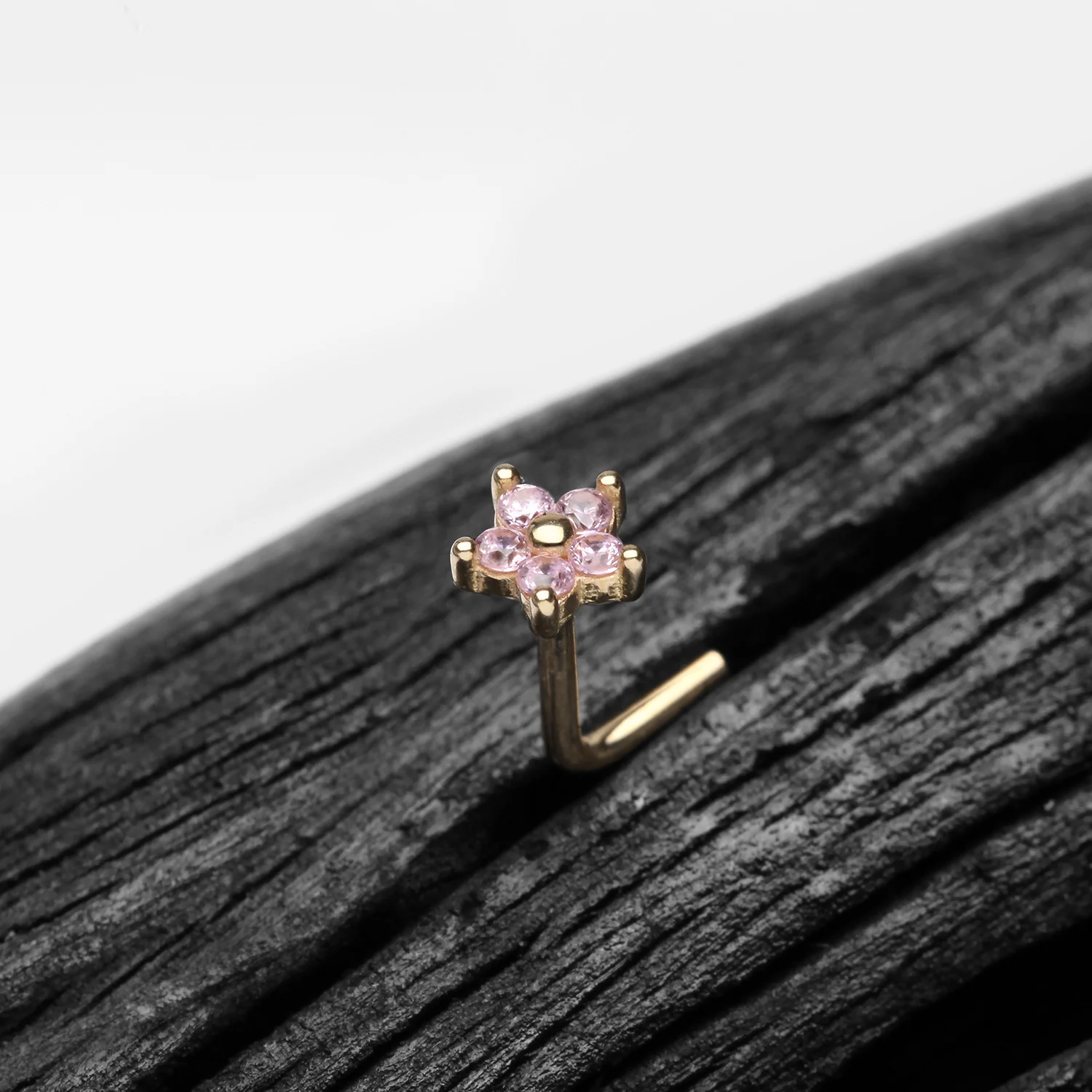 14 Karat Gold Spring Flower Sparkle L-Shaped Nose Ring - Image 2
