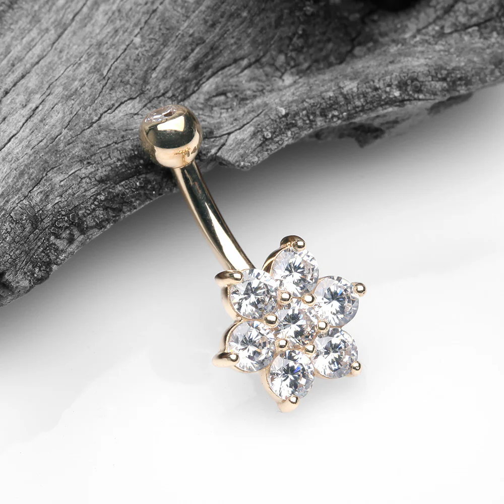 14 Karat Gold Spring Flower Sparkle Prong Set Belly Button Ring - Image 3