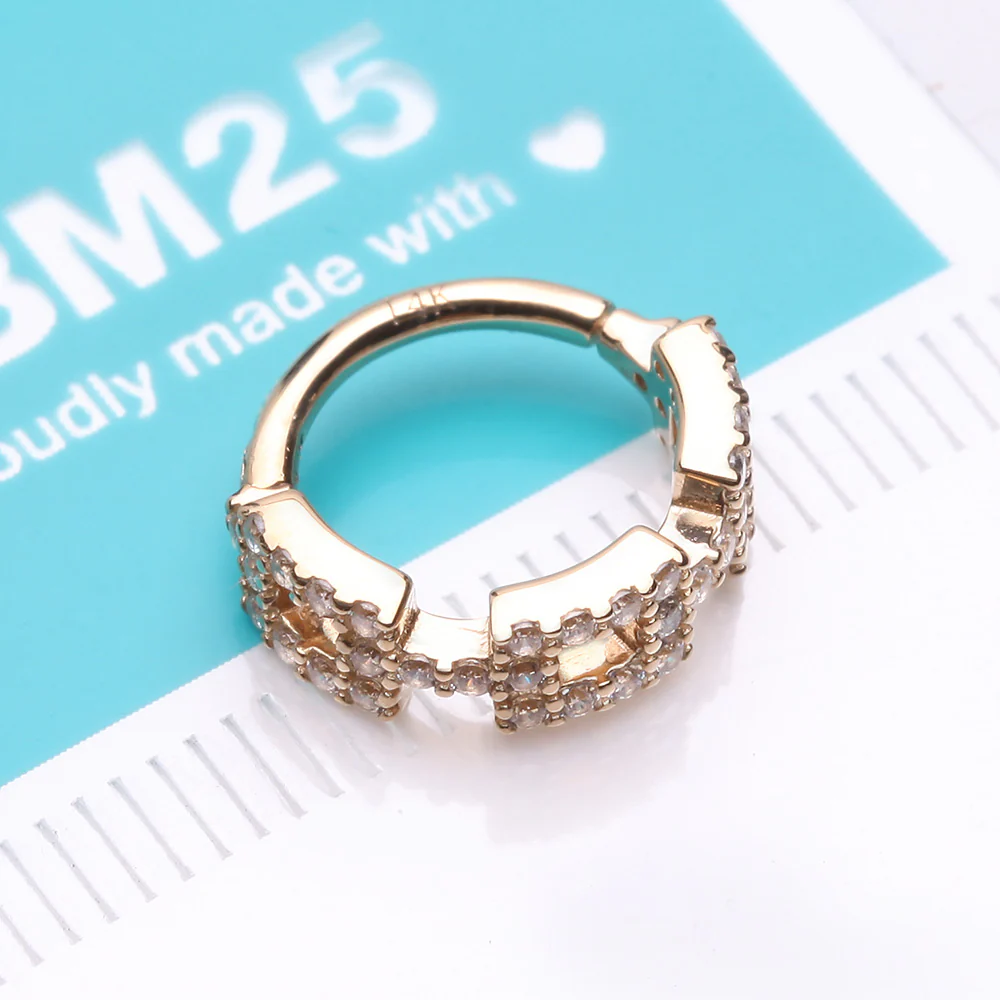 14 Karat Gold Square Chain Link Sparkle Design Seamless Clicker Hoop Ring - Image 3
