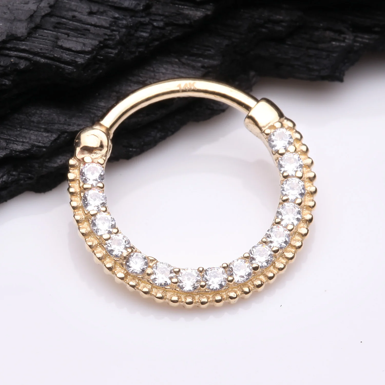 14 Karat Gold Studded Sparkle Gems Paved Clicker Hoop Ring - Image 2