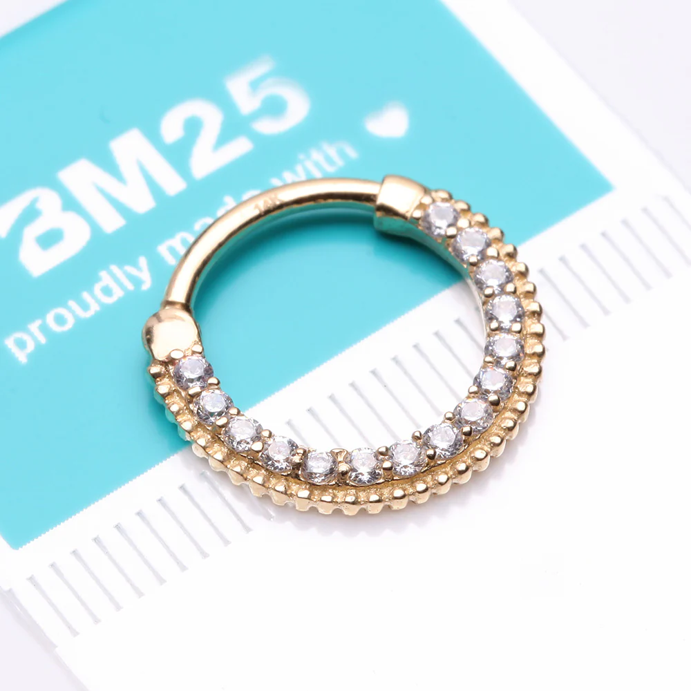 14 Karat Gold Studded Sparkle Gems Paved Clicker Hoop Ring - Image 3